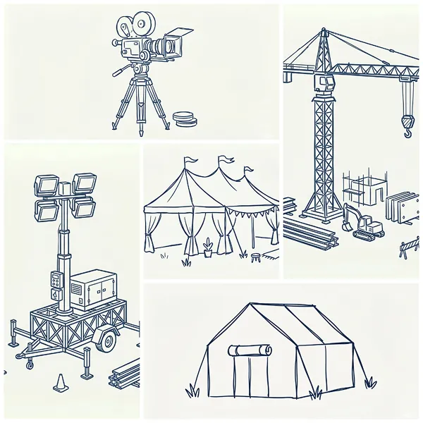 Hand-drawn style sketches of film equipment and structures including a vintage movie camera on a tripod, a mobile light tower trailer, a large construction crane with building materials, a multi-peak event tent with flags, and a large rectangular tent.