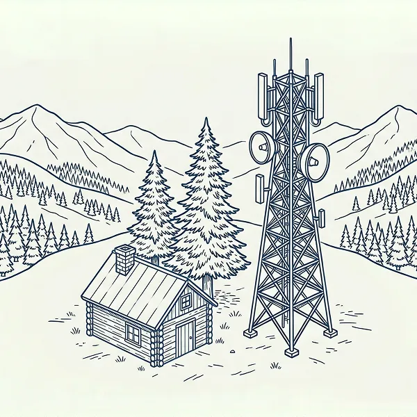 Line drawing of a mountain landscape with a small log cabin, two evergreen trees, and a tall communication tower.
