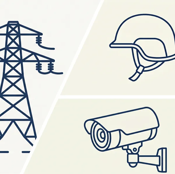 Line drawings of an electricity transmission tower, a safety helmet, and a security camera.