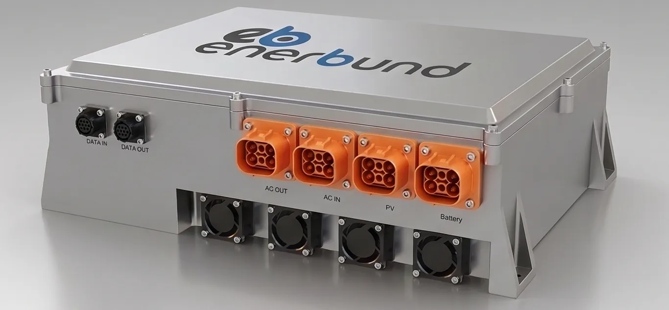 Enerbund branded gray electrical device with labeled ports for Data In, Data Out, AC Out, AC In, PV, and Battery, and four cooling fans underneath.