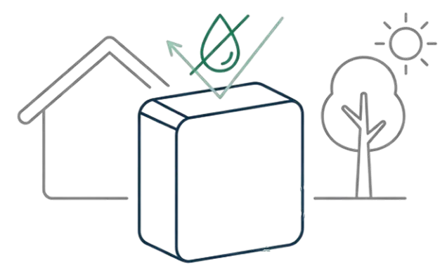 Illustration of a water-resistant cube with a water droplet and checkmark symbol above it, alongside outlined icons of a house and a tree with the sun.