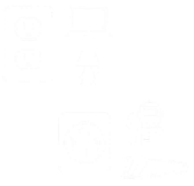 White line icons of power outlet, laptop on a desk, globe, and person with a headset holding a sign, arranged on a black background.
