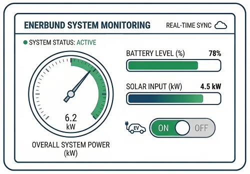 Enerbund system monitoring dashboard showing overall system power at 6.2 kW, battery level at 78%, solar input at 4.5 kW, and the EV charger switch turned ON with system status active.