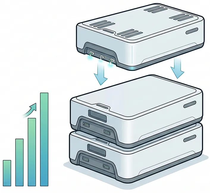Diagram showing a modular device being stacked together with upward arrows illustrating the assembly, alongside a bar graph with an increasing trend symbolizing growth.