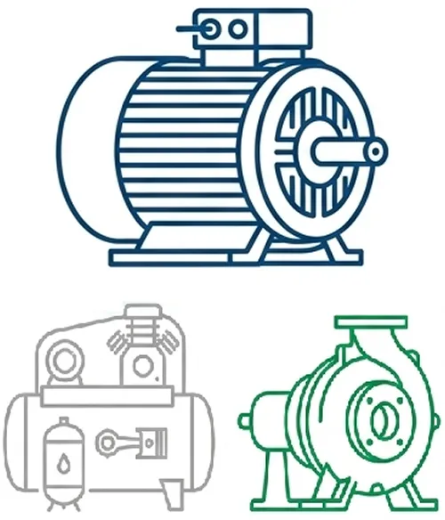 Illustrations of three mechanical devices including an electric motor, an air compressor, and a centrifugal pump.