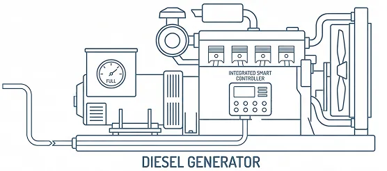 Line drawing of a diesel generator with a fuel gauge, integrated smart controller, and cooling fan.