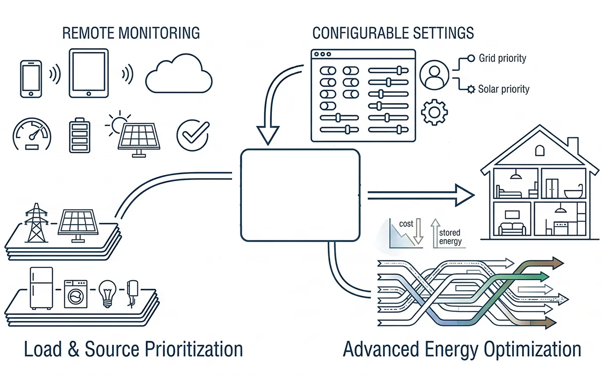 Diagram illustrating remote monitoring via devices and cloud, configurable energy settings, load and source prioritization, and advanced energy optimization in a home.