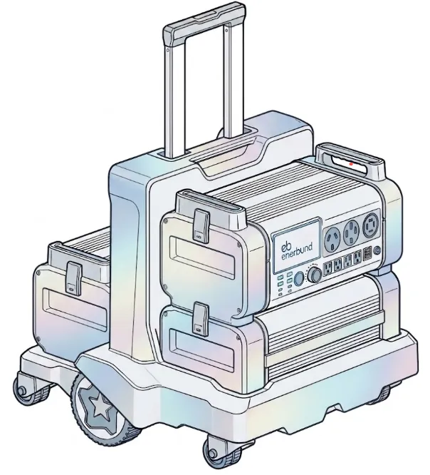 Portable power station with wheels and extendable handle, featuring multiple power outlets and USB ports.