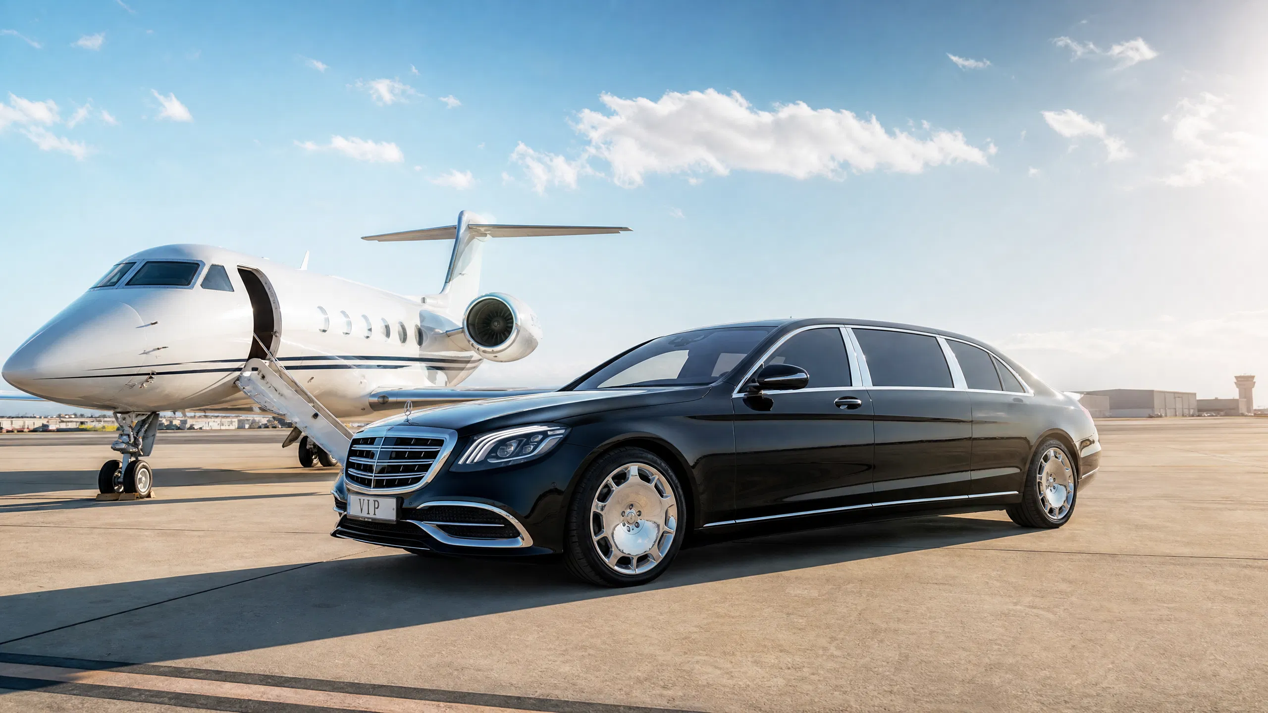 Schwarze Limousine direkt neben Privatjet auf dem Rollfeld Frankfurt GAT