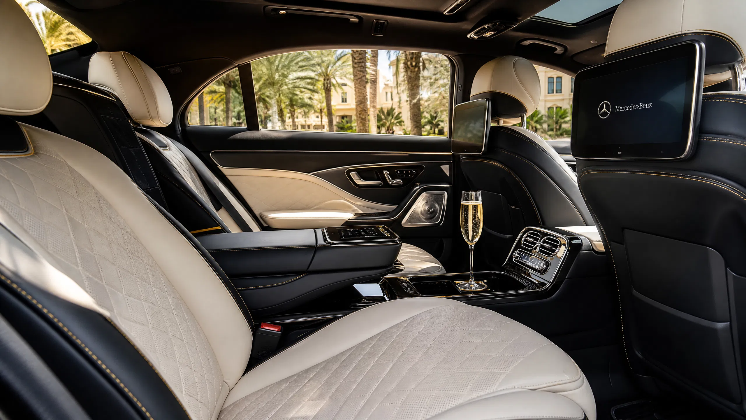 Luxuriöses Interieur einer schwarzen Limousine mit Champagner – VIP Transfer Frankfurt