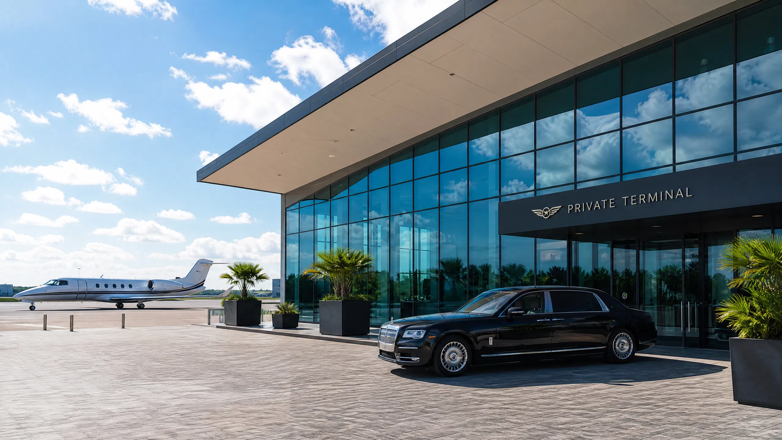Exklusives Privatjet-Terminal bei Tageslicht mit schwarzer Limousine – General Aviation Terminal Frankfurt