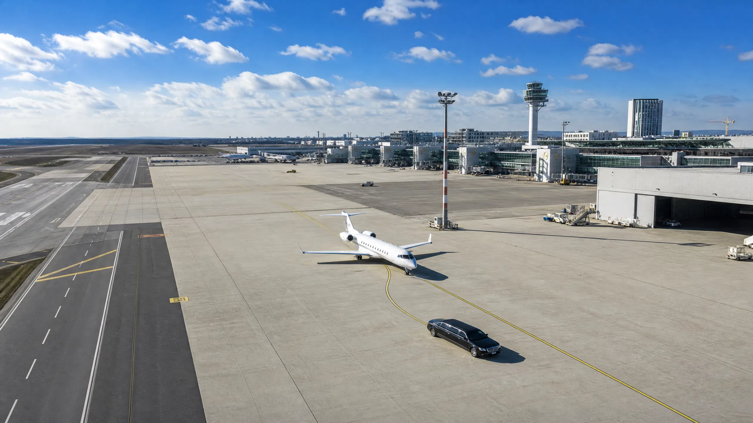 Luftaufnahme Flughafen Frankfurt FRA bei Tageslicht – Rollfeld mit Privatjet und Limousine