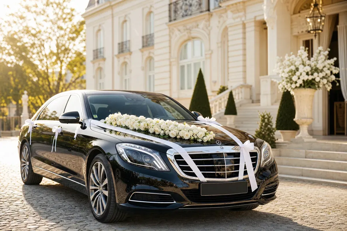 Dekoriertes Brautauto Frankfurt – schwarze Limousine mit weißen Rosen und Schleifen vor Hochzeitslocation