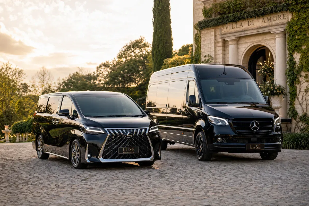 Gäste-Shuttle Hochzeit Frankfurt – Lexus Van und Executive Sprinter vor Hochzeitslocation