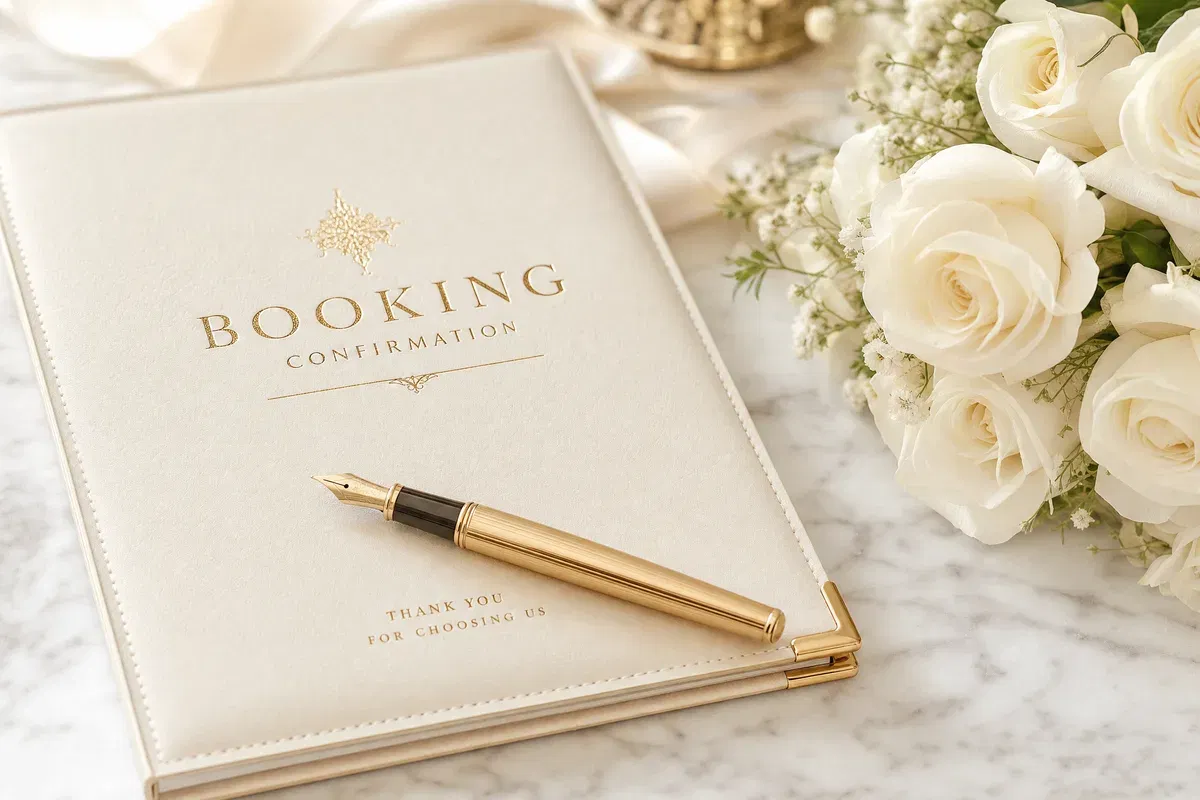 Festpreis Hochzeitslimousine Frankfurt – Buchungsbestätigung mit Goldstift und weißen Rosen