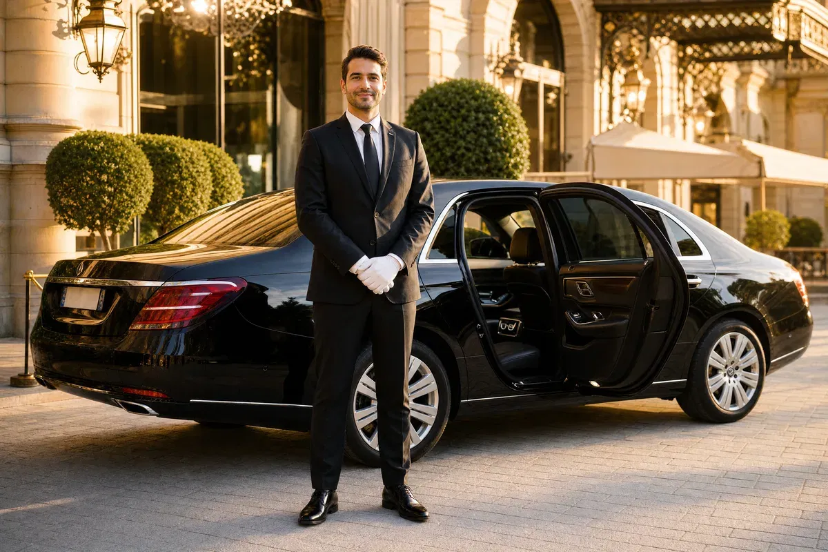 Professioneller Hochzeits-Chauffeur Frankfurt – Anzug und weiße Handschuhe, öffnet Limousinen-Tür