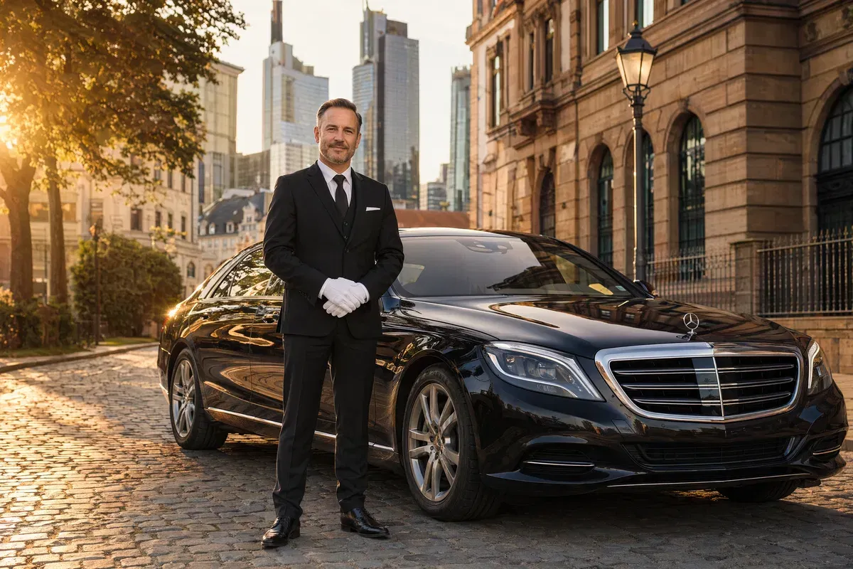 Privatchauffeur Frankfurt stundenweise – LM Limousines Chauffeur neben Mercedes S-Klasse Skyline