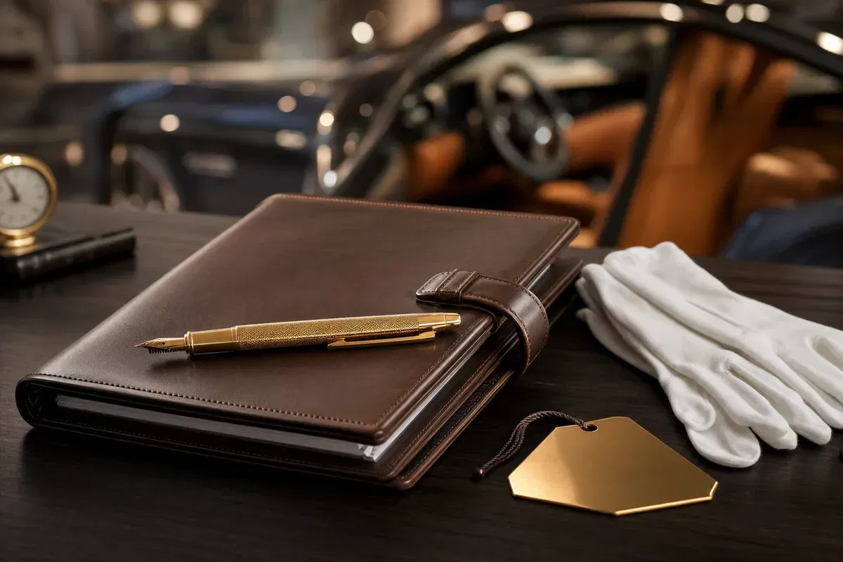 Festpreis Privatchauffeur Frankfurt – Buchungsdokument mit Goldstift und weißen Handschuhen