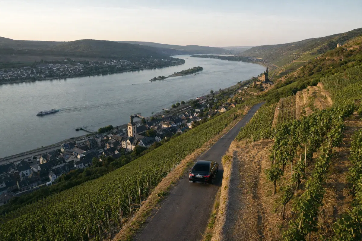 Tagesausflug Privatchauffeur Frankfurt – Limousine im Rheingau Weinberge Rhein Rüdesheim