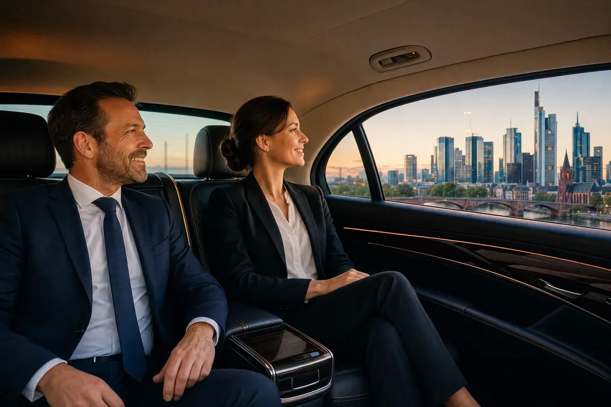 Mehrsprachiger Privatchauffeur Frankfurt – internationale Gäste in Limousine mit Skyline