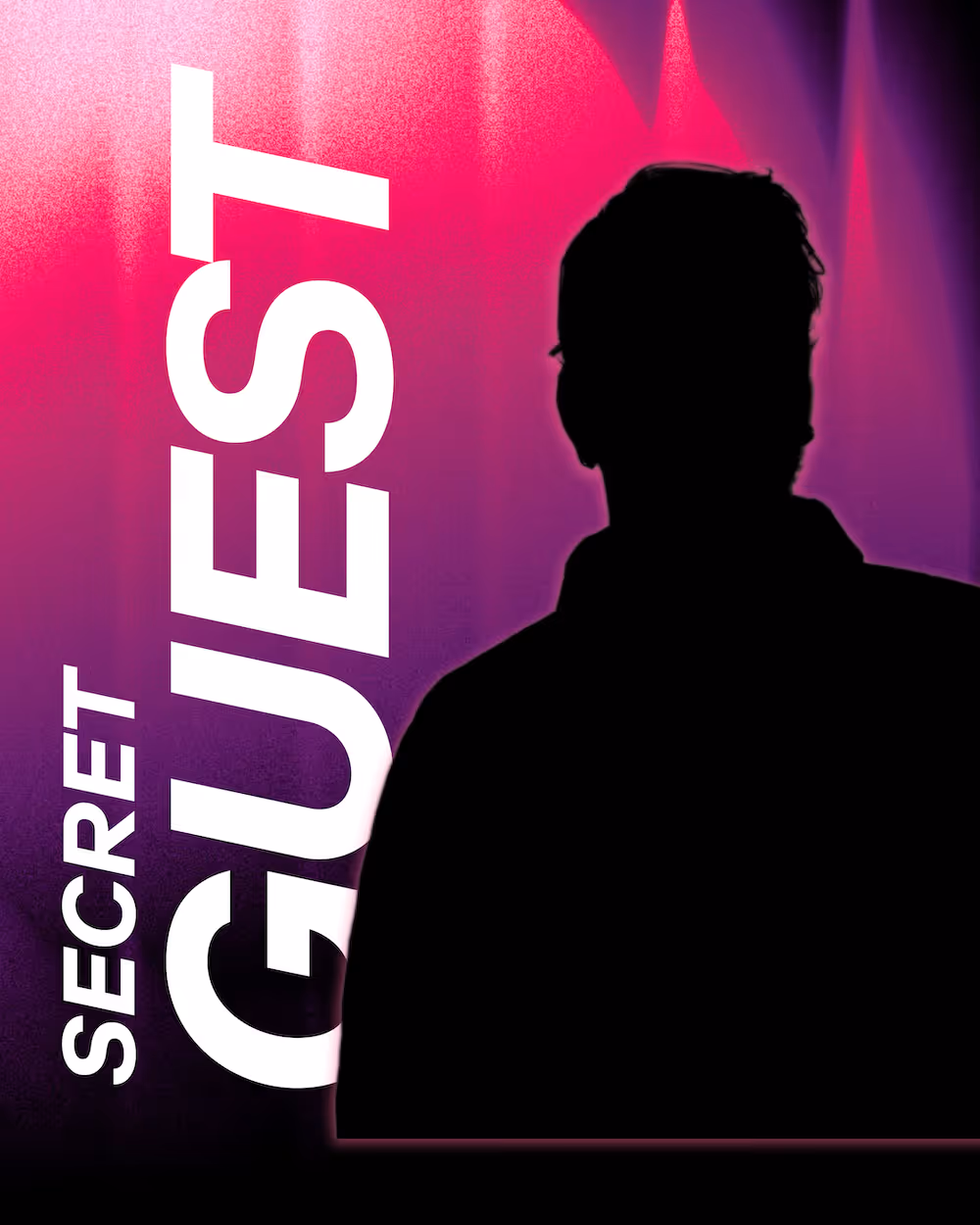 A F1 style trading card, that reads "Secret Guest" with a silhouette of the special guest. The background shows vibrant pinks and purples.