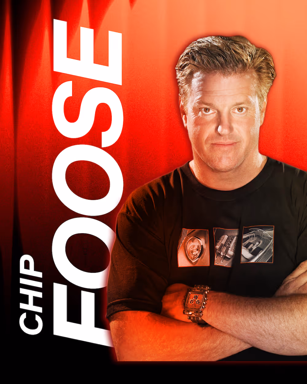 A F1 style trading card with a headshot of Chip Foose, in front of a bright red background. His name is bold and runs along the side.