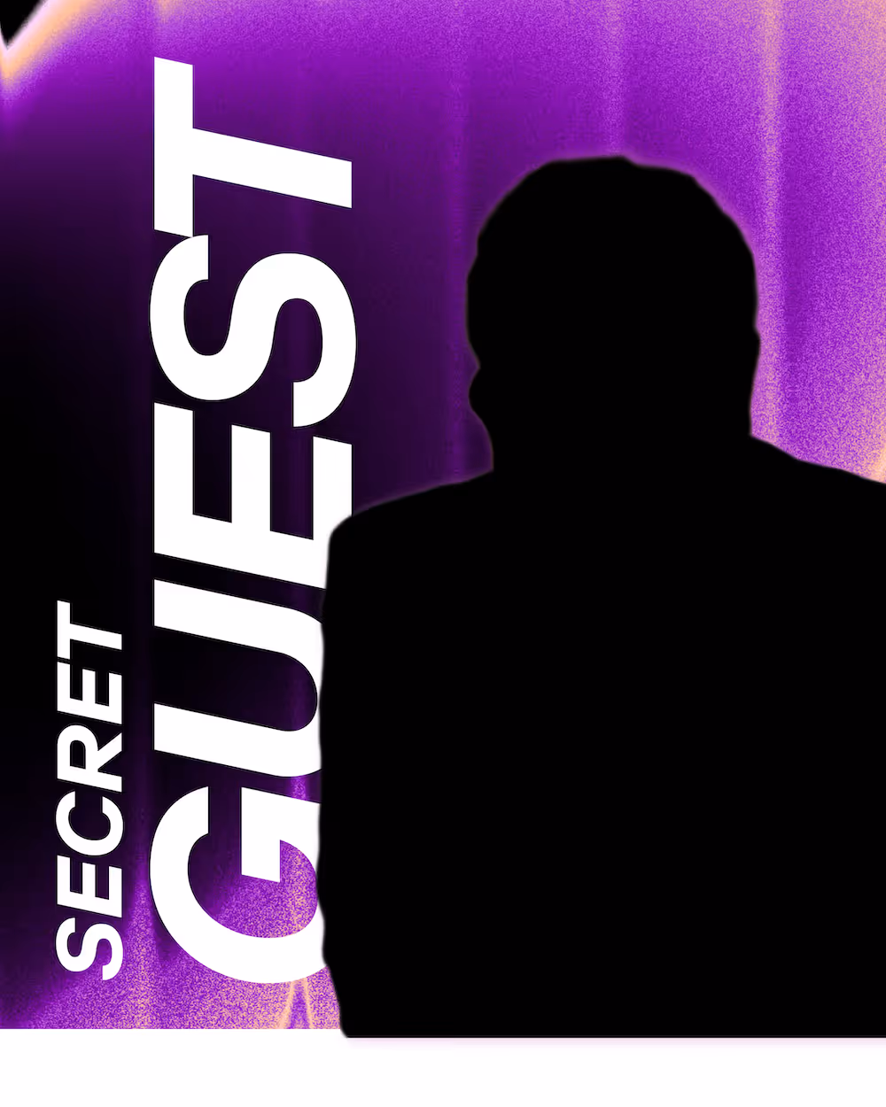 A F1 style trading card, that reads "Secret Guest" with a silhouette of the second special guest. The background shows vibrant purples.