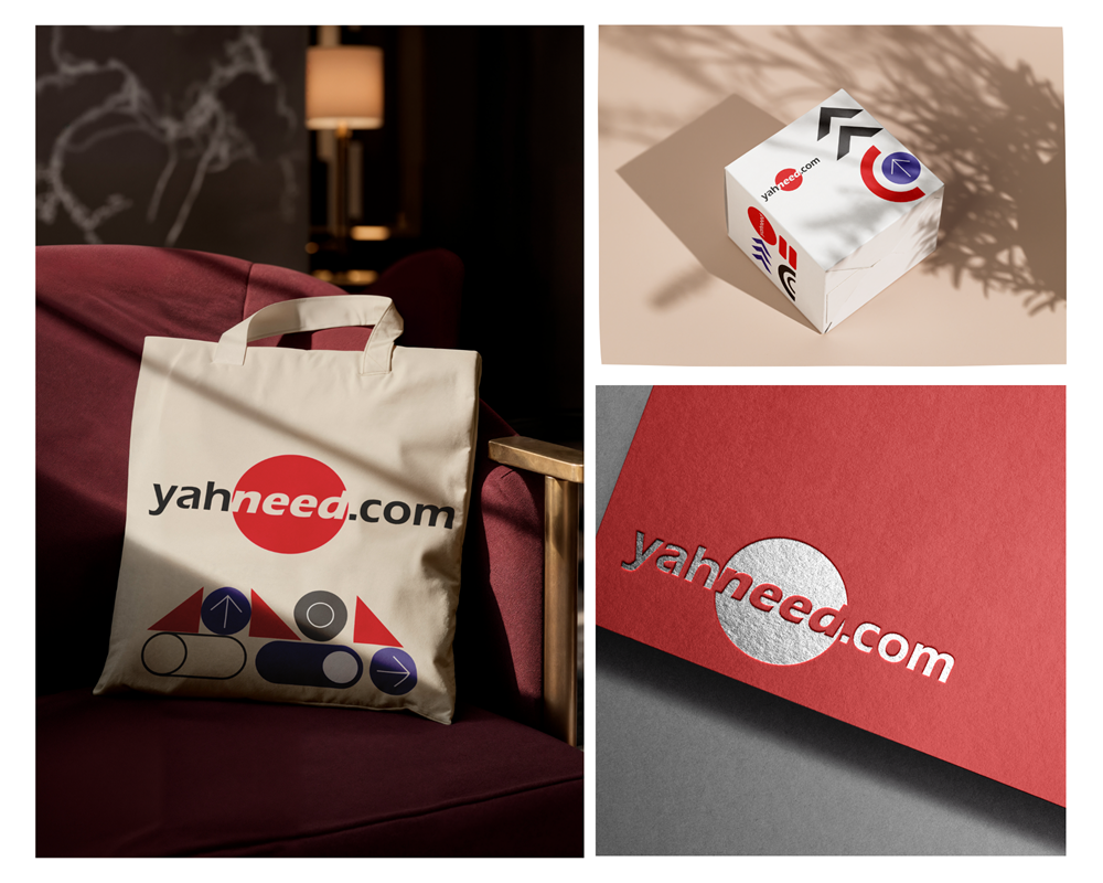 Collage showing a beige tote bag, a white cube box, and a red folder, all branded with the yahneed.com logo featuring black, red, and blue geometric designs.