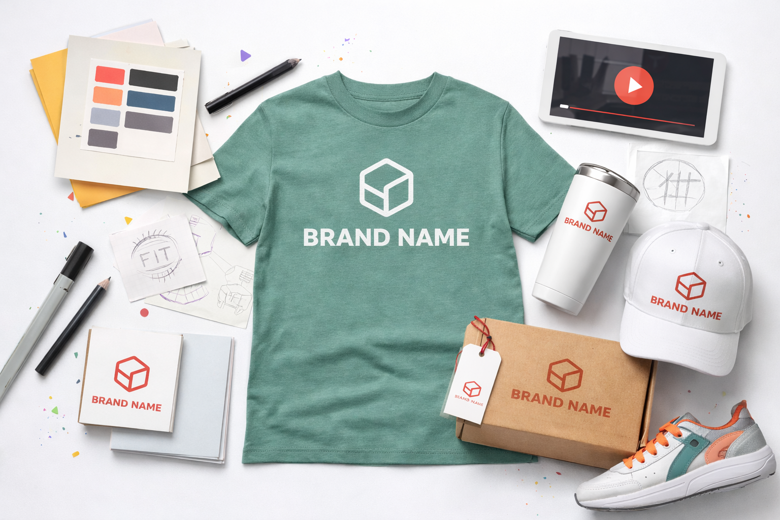 Flat lay of branded merchandise including a green t-shirt, white cap, tumbler, shoe box, shoe, and notebooks, all featuring a cube logo and 'BRAND NAME' text.
