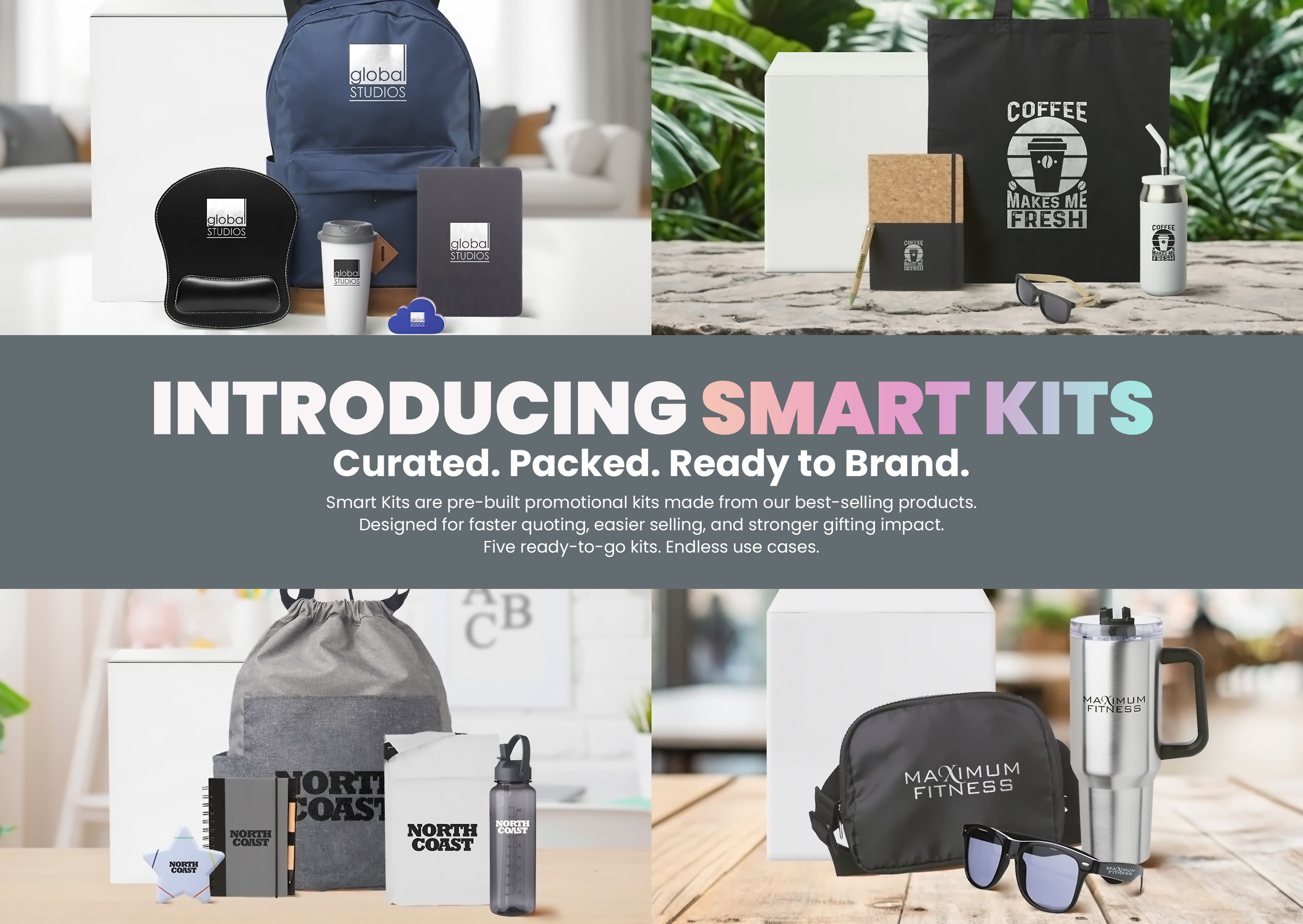 Promotional smart kits with branded items including backpacks, notebooks, drinkware, and sunglasses, organized in four sets with logos Global Studios, Coffee Makes Me Fresh, North Coast, and Maximum Fitness.
