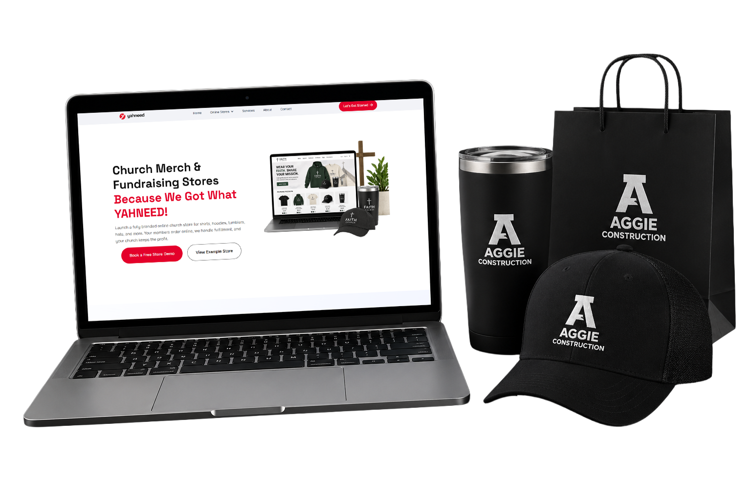 Laptop showing a church merchandise online store page next to black branded Aggie Construction tumbler, hat, and shopping bag.