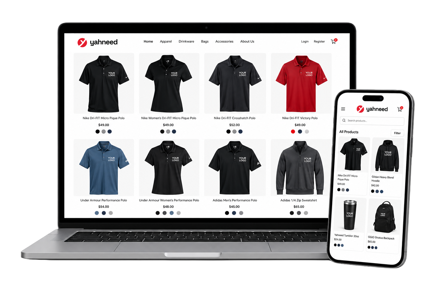 Laptop and smartphone displaying Yahneed online store with apparel and accessory products including polo shirts, sweatshirts, tumblers, and backpacks.