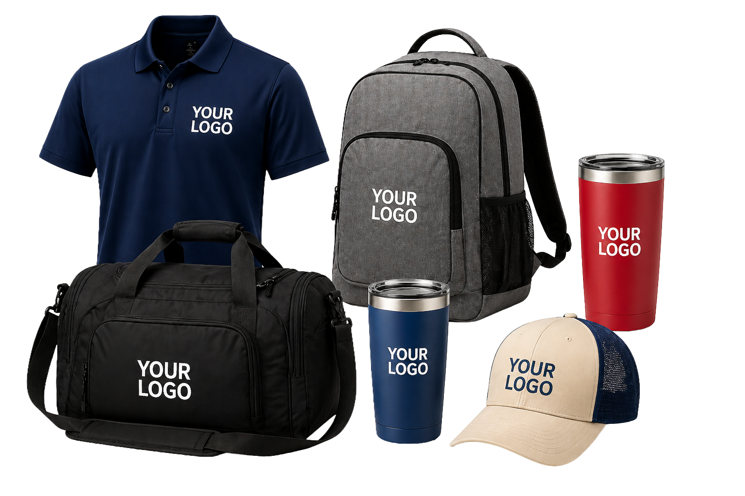 Collection of customizable promotional products including polo shirt, backpack, notebooks, pen, duffle bag, tumblers, hoodie, water bottle, cap, wireless charger, and tote bag, all with 'YOUR LOGO' text.