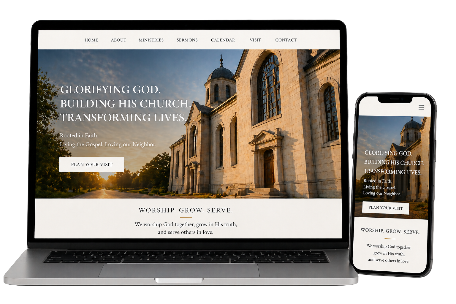 Website homepage of a church displayed on a laptop and smartphone featuring a stone church building at sunset and text emphasizing faith, worship, and community.