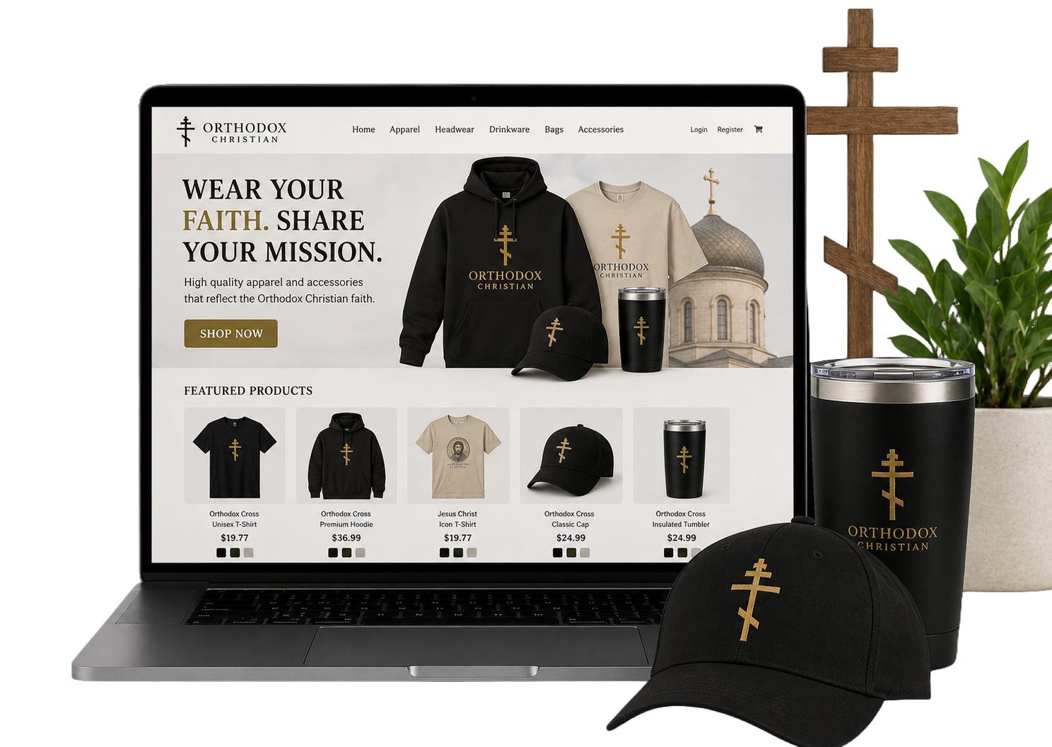 Laptop and smartphone displaying Yahneed online store with apparel and accessory products including polo shirts, sweatshirts, tumblers, and backpacks.