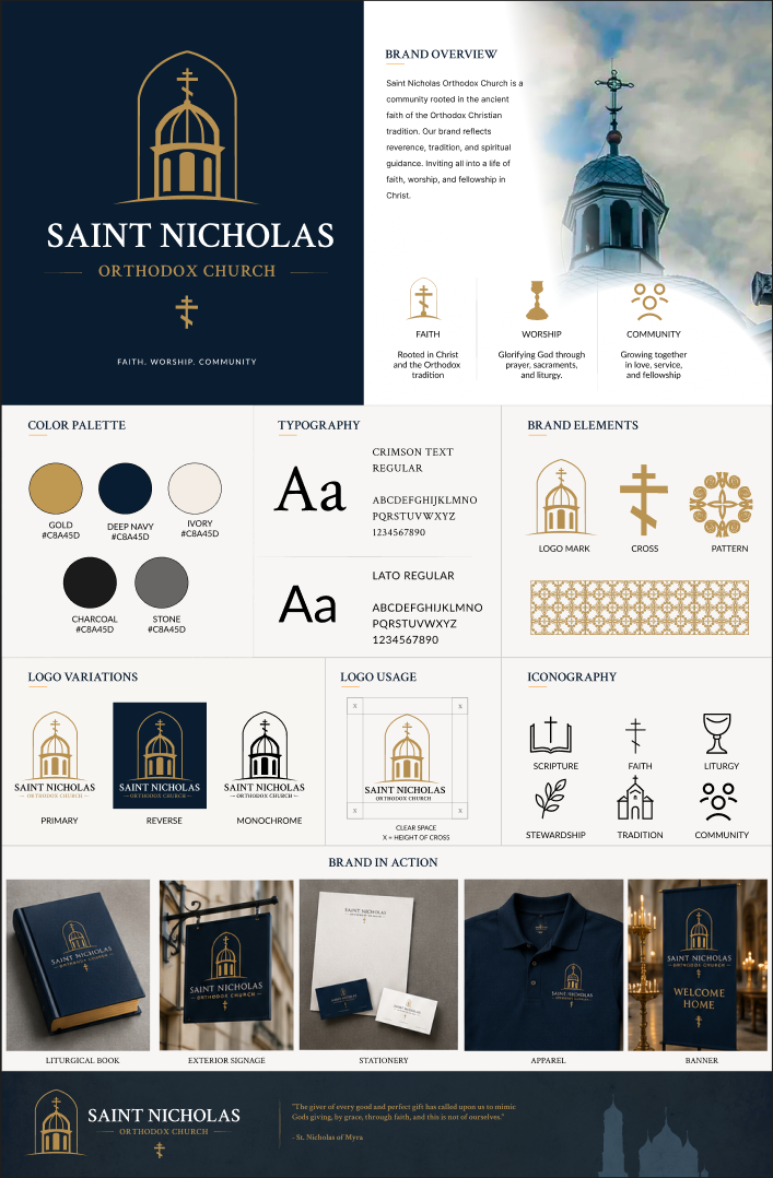 Saint Nicholas Orthodox Church brand system showing logo, colors, typography, icons, and uses like signage and apparel.