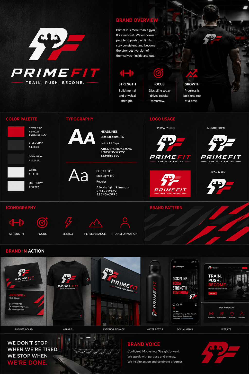 PrimeFit gym brand system with logo, color palette, typography, iconography, and brand usage examples.