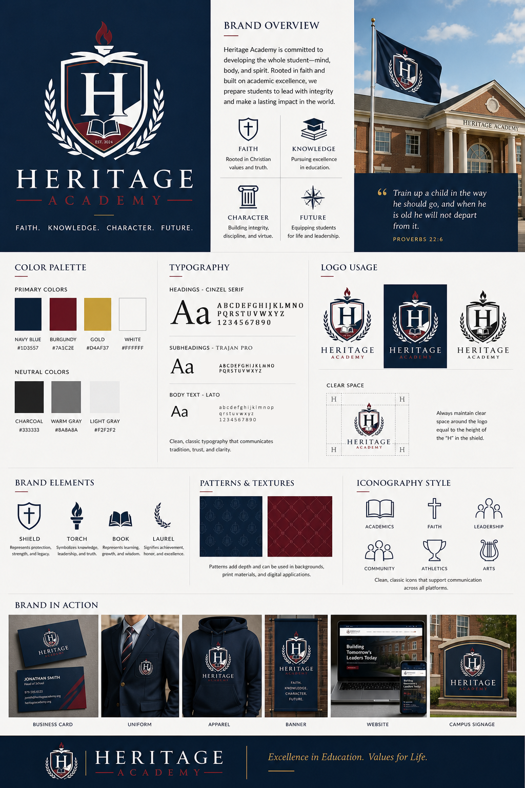 Heritage Academy brand guide with logo, colors, fonts, icons, brand elements, and usage examples.