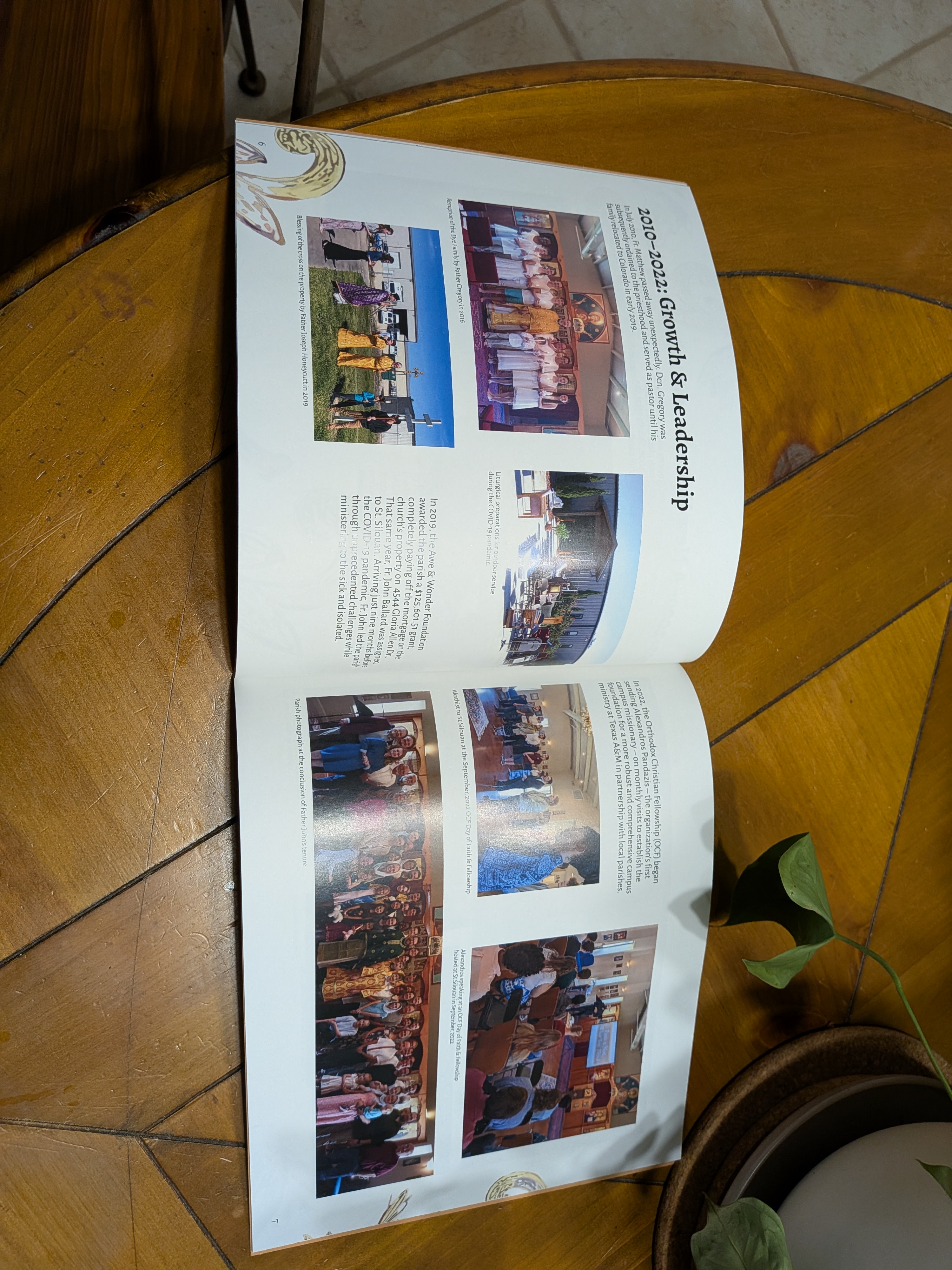 Open magazine showing a two-page spread titled '2010-2022: Growth & Leadership' featuring several small photos of groups and events, including people standing outside near a cross, a large group inside a church, a building with a sign, and attendees at meetings or services.