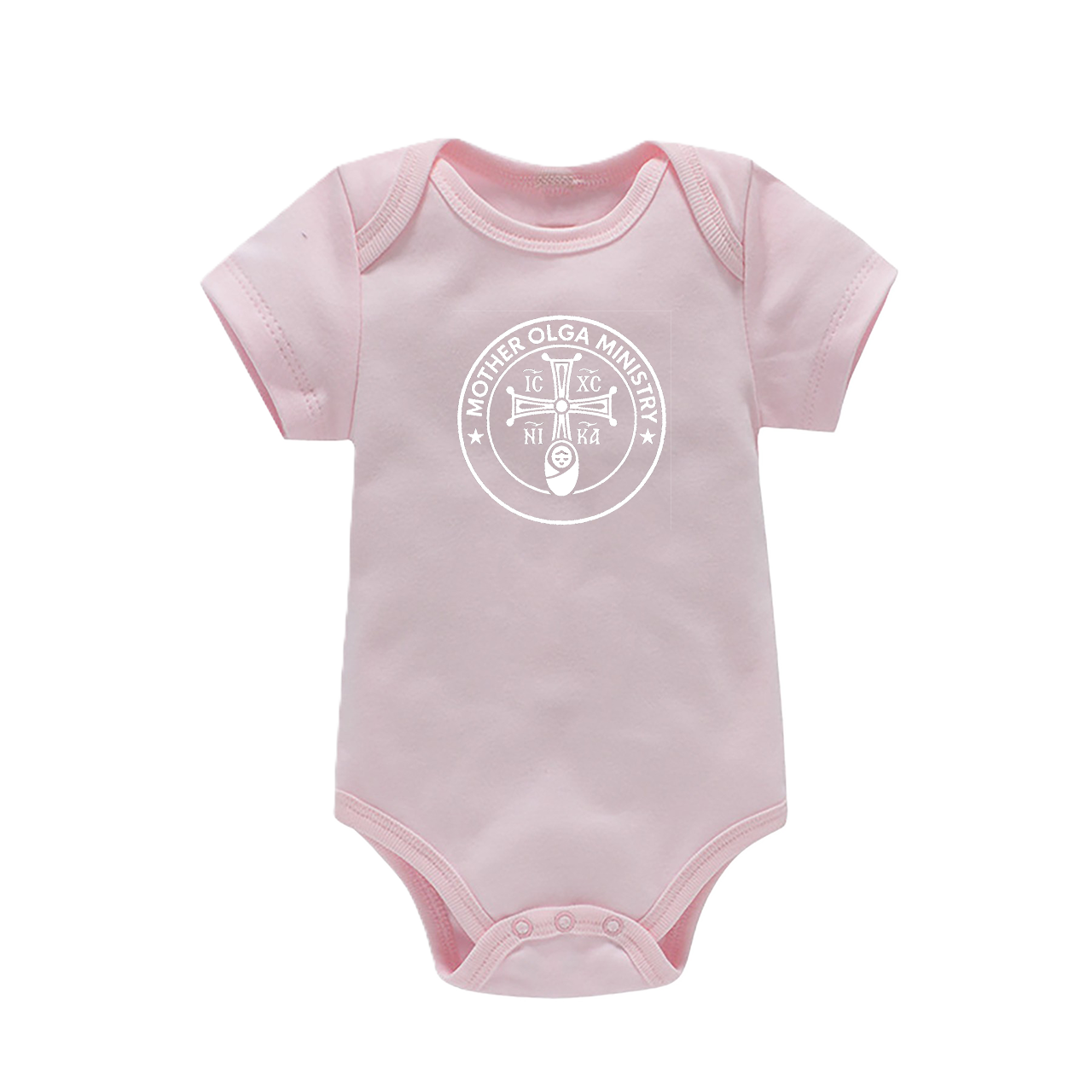 Pink baby onesie with a white circular logo on the chest featuring a cross, Cyrillic letters, a small baby face, and the words 'Mother Olga Ministry'.
