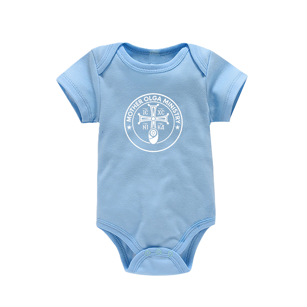 Light blue baby onesie with short sleeves and three snap buttons at the bottom, featuring a white circular logo in the center reading 'Mother Olga Ministry' around a cross with additional smaller text and a small swaddled baby icon underneath.