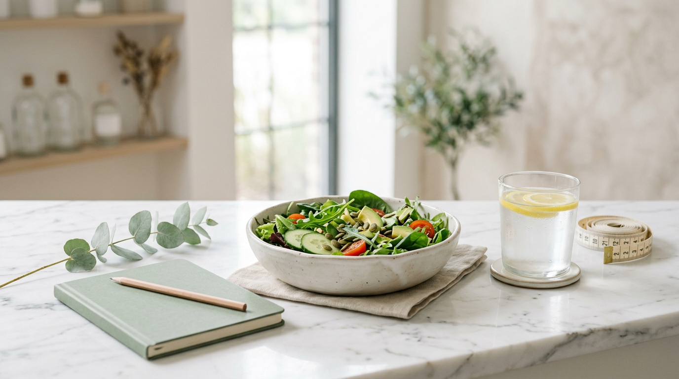 Wellness still life with a fresh salad, infused water, and a measuring tape representing medical weight loss in Searcy, AR