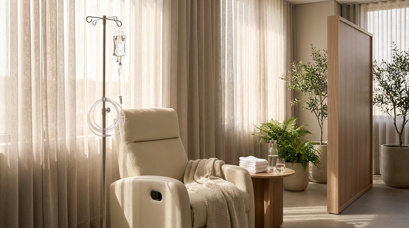 IV therapy drip bag beside a comfortable recliner in a modern medical spa suite in Searcy, AR