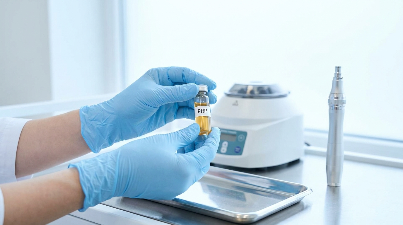 Provider holding a vial of golden platelet-rich plasma (PRP) beside a centrifuge in an aesthetics clinic