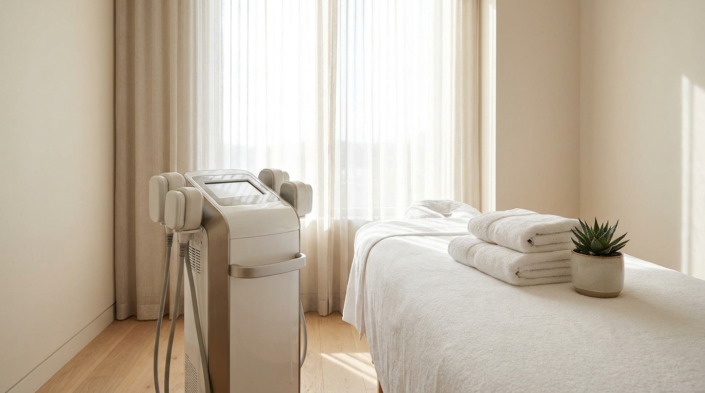 Non-surgical radiofrequency body contouring device with hands-free applicators on a treatment bed