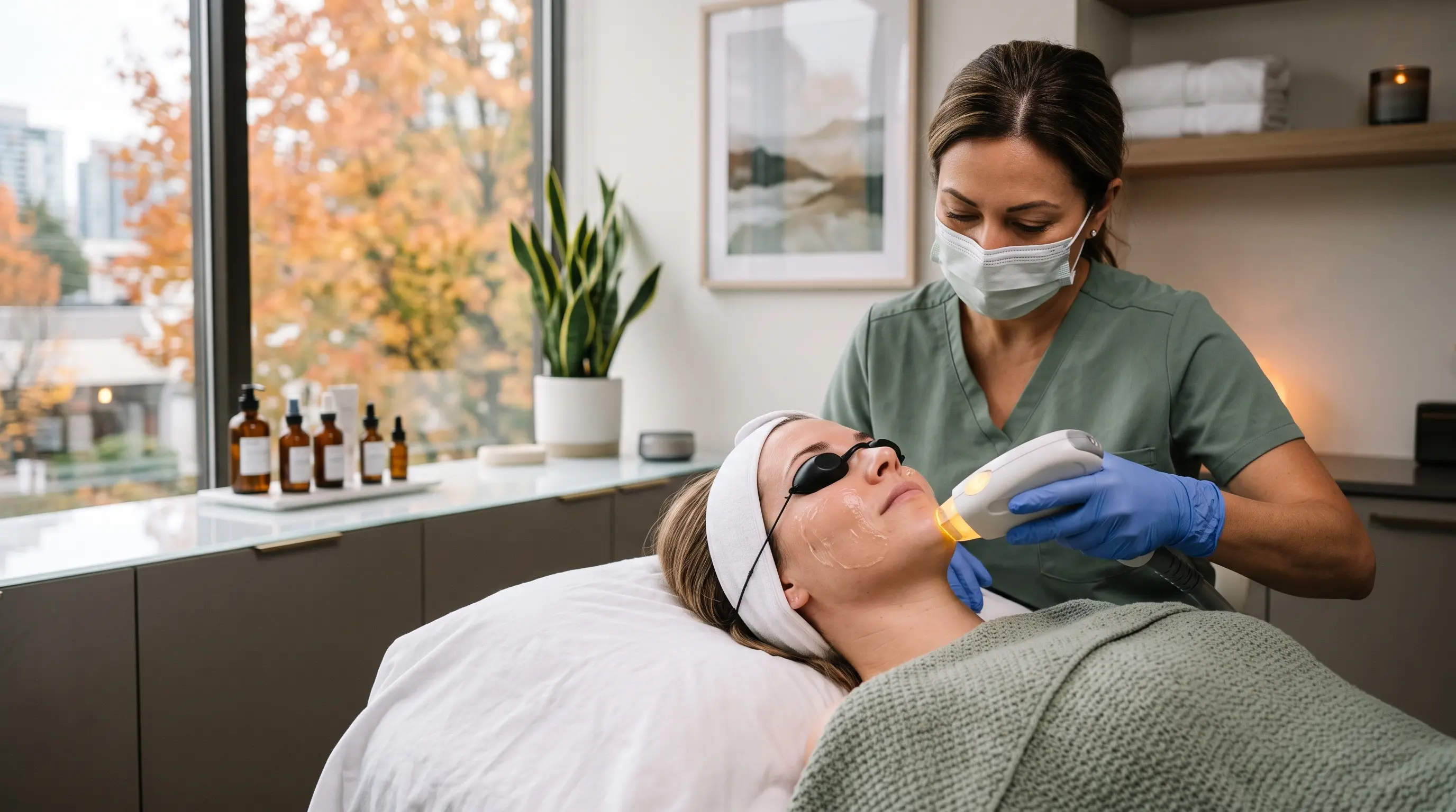 Patient wearing eye shields during a Lumecca IPL photofacial treatment for sun damage in Searcy, AR
