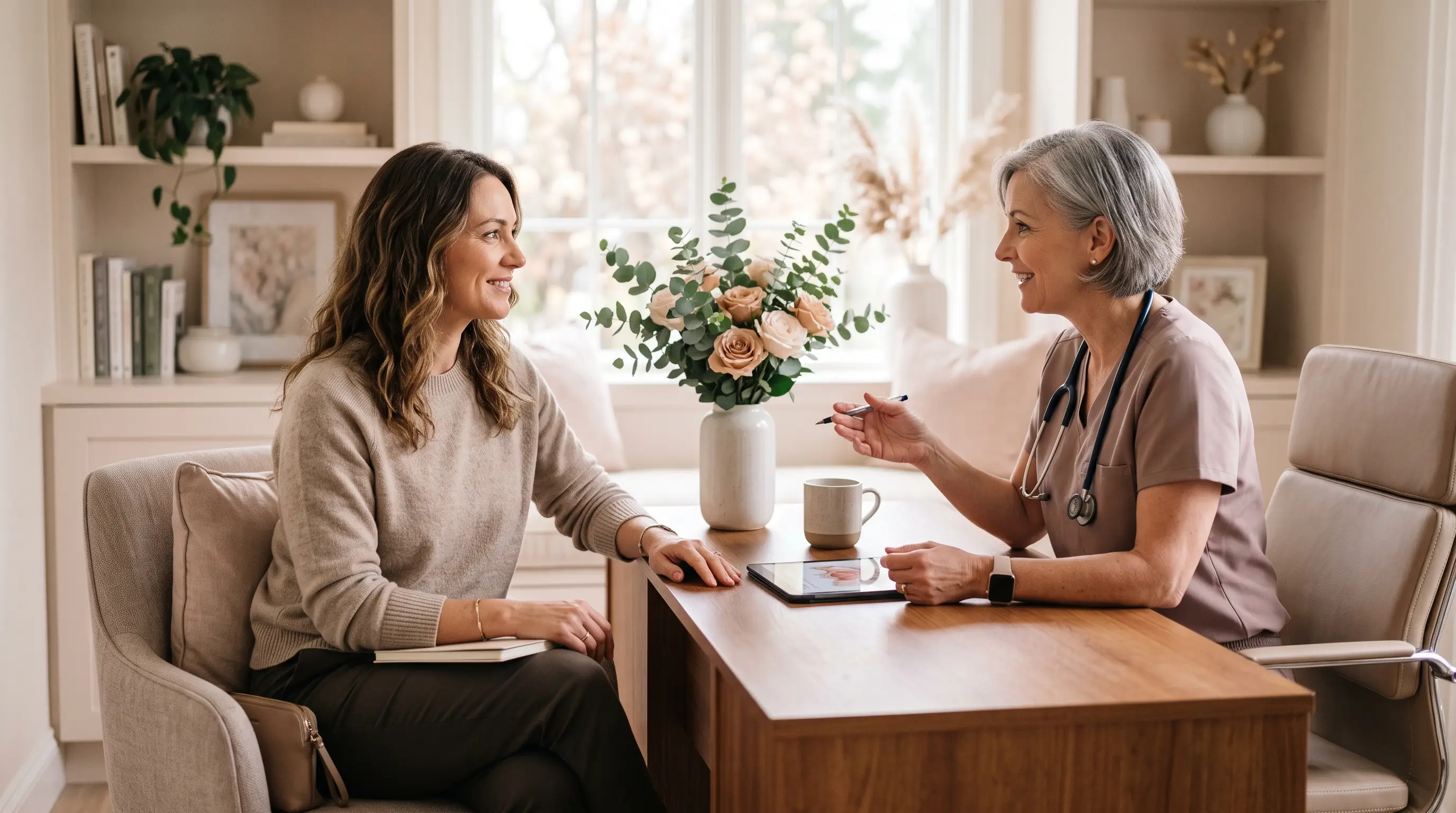 Woman having a private women's wellness consultation with a provider at Restorative Wellness & Aesthetics