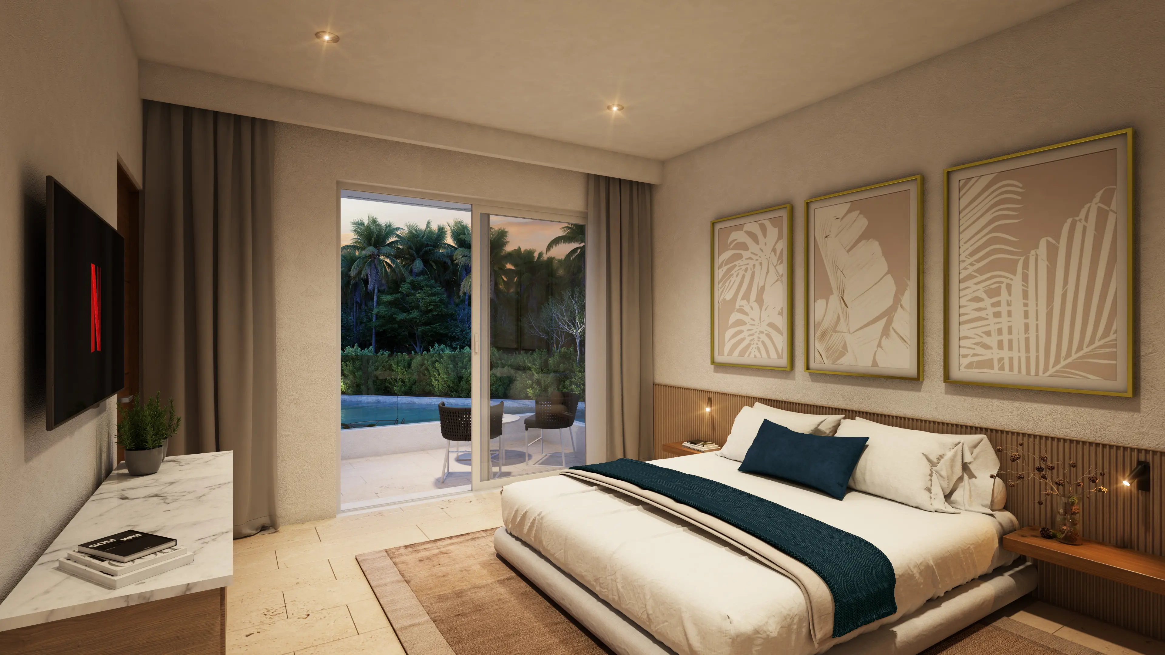 Master bedroom in a two bedroom residence at Marina Aqua, Puerto Aventuras