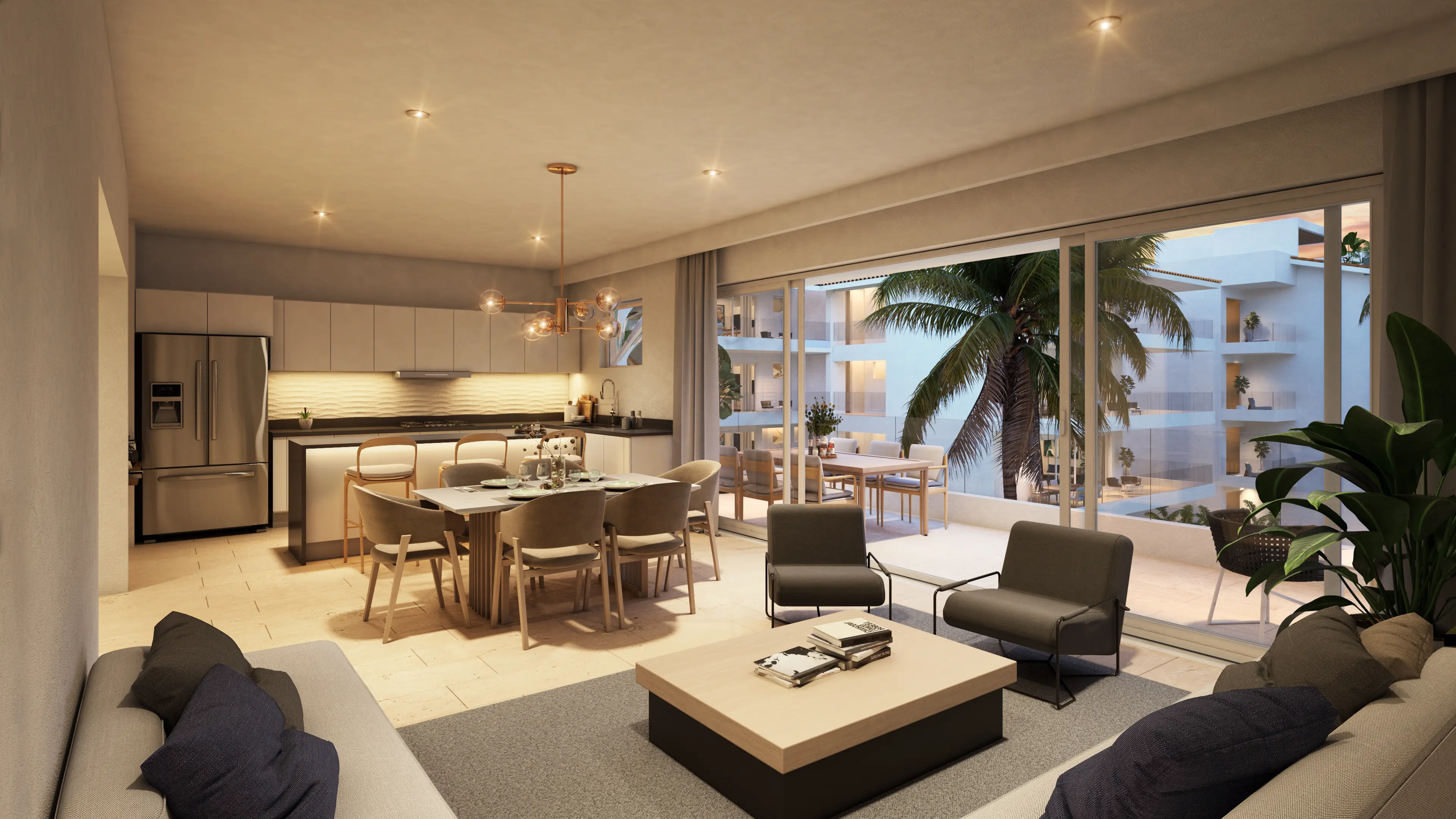 Living and dining room with kitchen in a two bedroom residence at Marina Aqua
