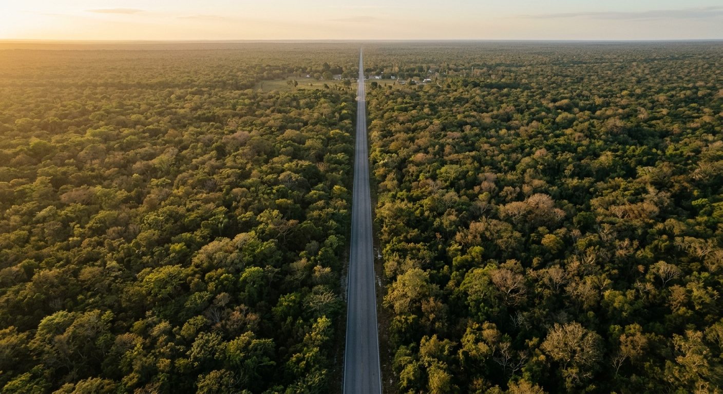 Aerial view of the highway running south through Yucatán jungle toward Tulum at sunset